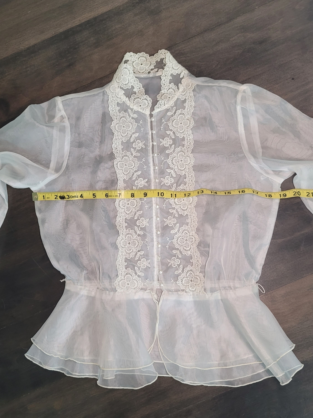 VINTAGE Shelley Johnson Twin Peaks Sheer Peplum Blouse Lace Trim Pearl Buttons - Picture 3 of 15